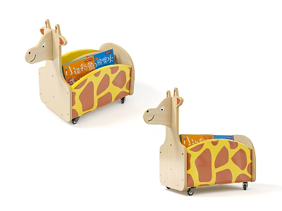 Giraffe Shaped Kids Bookcase With Wheels And Colorful Books On Wooden Frame 3d model