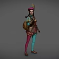 A Woman in Fantasy Style Colorful Outfit with Feathered Hat Backpack and Tight Pants