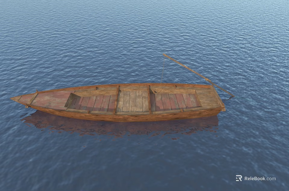 Traditional Wooden Boat With Wooden Planks And Oar Floating On Calm Blue Water 3d model 