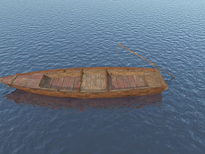Traditional Wooden Boat With Wooden Planks And Oar Floating On Calm Blue Water 3d model