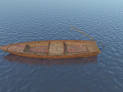 Traditional Wooden Boat With Wooden Planks And Oar Floating On Calm Blue Water 3d model Traditional Wooden Boat With Wooden Planks And Oar Floating On Calm Blue Water 3d model
