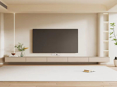 Modern Minimalist TV Wall Design With Large Screen TV Light Beige Background And Wooden Floor 3d model