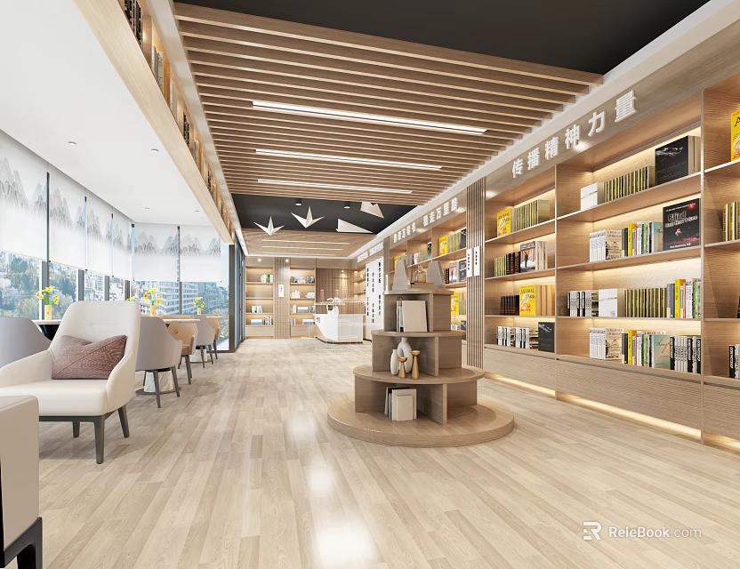 Spacious Book Art Interior Design With Wooden Bookshelves Reading Tables Natural Light And Modern Decor 3d model 
