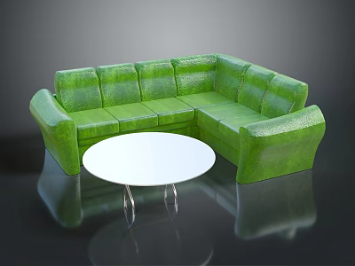 Green L-shaped Sectional Sofa Set with White Round Coffee Table in Modern Living Room 3d model
