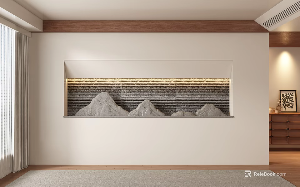 White Sofa Backdrop Wall With Built in Stone Mountain Pattern And Warm LED Lighting 3d model 