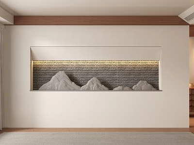 White Sofa Backdrop Wall With Built in Stone Mountain Pattern And Warm LED Lighting 3d model
