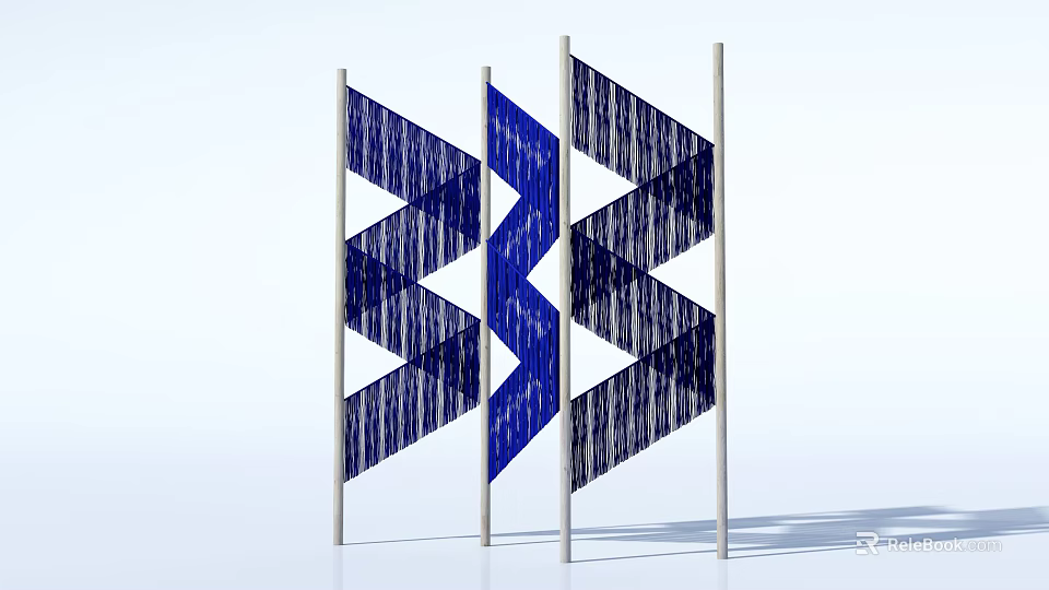 Modern Geometric Room Divider With Blue Black Woven Pattern On Wooden Posts 3d model