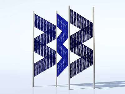 Modern Geometric Room Divider With Blue Black Woven Pattern On Wooden Posts 3d model