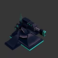 Futuristic Energy Weapon with Blue Glowing Elements Mounted on Dark Colored Base 3D Model Design
