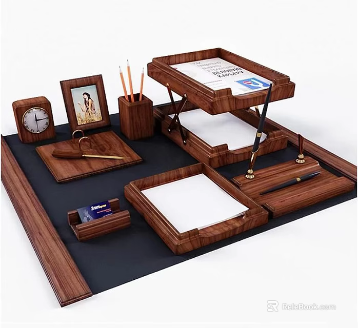 Wooden Office Desk Organizer Set With Clock Photo Frame And Stationery Items 3d model 