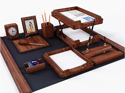 Wooden Office Desk Organizer Set With Clock Photo Frame And Stationery Items 3d model