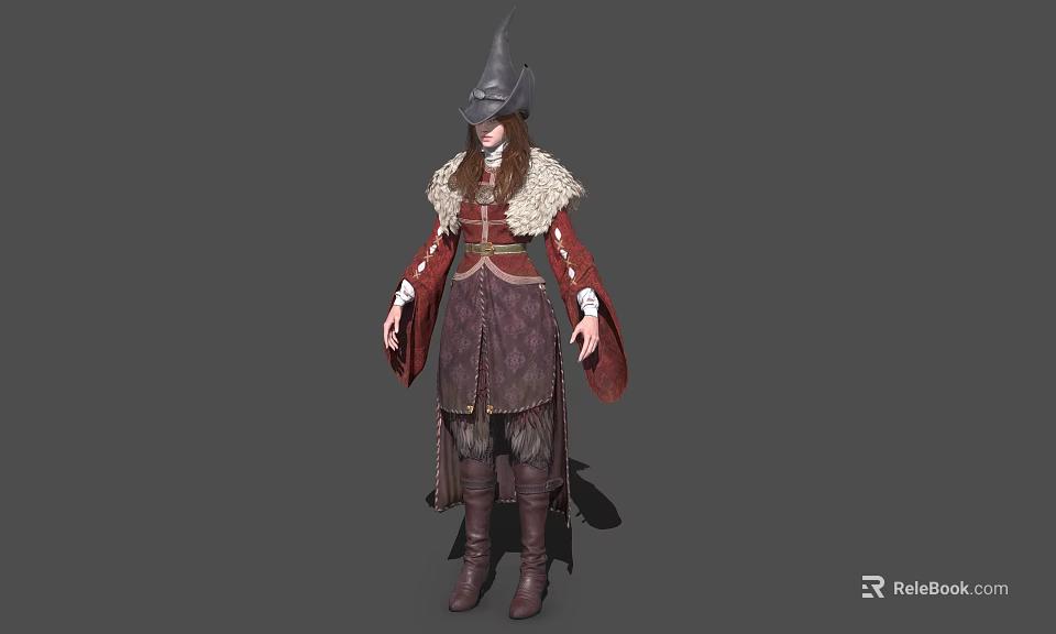 Game Movie Character In Red Robe With Pointed Hat Fur Collar And Long Boots 3d model 