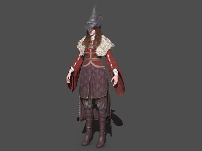 Game Movie Character In Red Robe With Pointed Hat Fur Collar And Long Boots 3d model