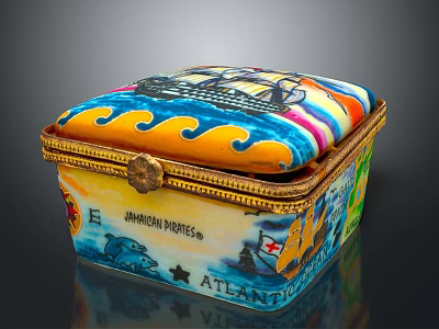 Colorful Decorative Box With Painted Wave Patterns Ship Design And Gold Trim 3d model