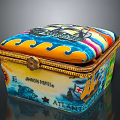 Colorful Decorative Box With Painted Wave Patterns Ship Design And Gold Trim