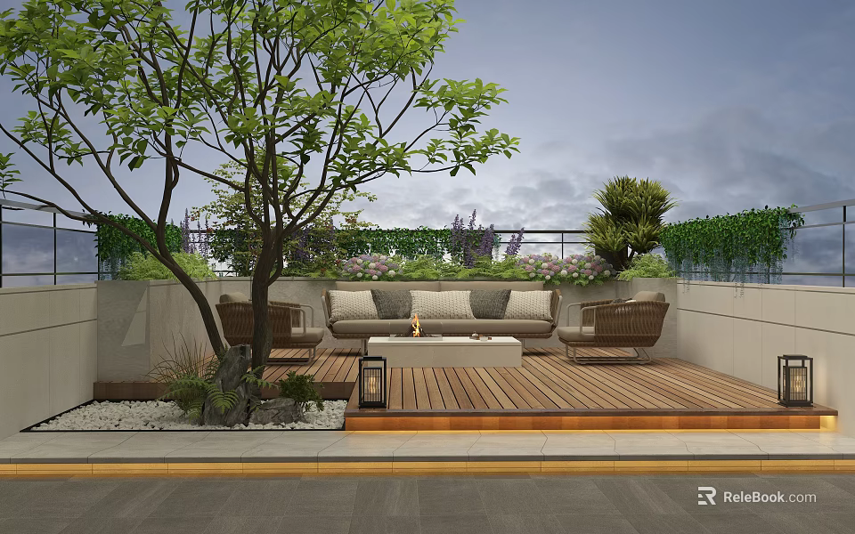 Roof Garden Design With Wooden Deck Cozy Sofa And Lush Green Plants 3d model 