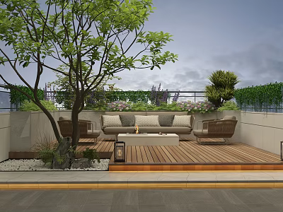 Roof Garden Design With Wooden Deck Cozy Sofa And Lush Green Plants 3d model
