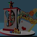 April Fools Day Themed Display With Jester Figure Playing Card Balloons And Gift Boxes