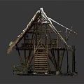 Rustic Wooden House With Thatch Roof Bamboo Frame Wooden Stairs And Surrounding Greenery