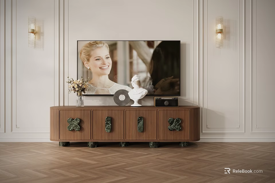 Wooden TV Stand with Vase Statue Record and Wall Lamps in Herringbone Floor Room 3d model 