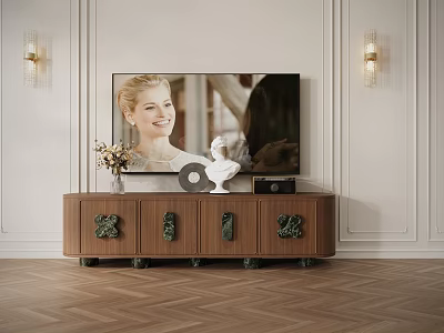 Wooden TV Stand with Vase Statue Record and Wall Lamps in Herringbone Floor Room 3d model