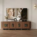 Wooden TV Stand with Vase Statue Record and Wall Lamps in Herringbone Floor Room