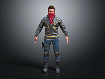 Action 3D Male Character With Red Headscarf Gray Jacket Yellow Stripes Blue Pants Knee Pads 3d model