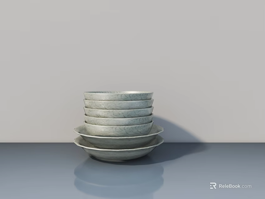 Decorative Ornament Set Featuring Stacked Gray Bowls Plates on Gray Tabletop with Light Gray Background 3d model 