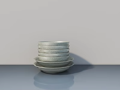 Decorative Ornament Set Featuring Stacked Gray Bowls Plates on Gray Tabletop with Light Gray Background 3d model