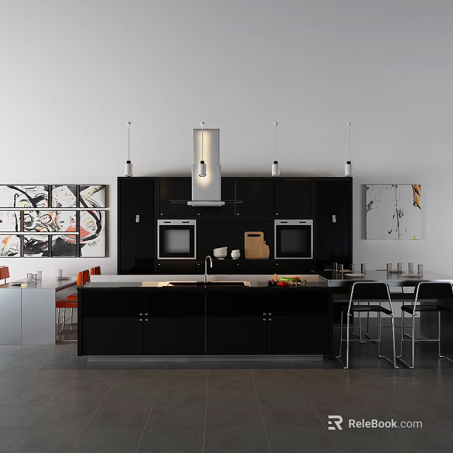Modern Kitchen Interior With Black Cabinets Island Counter And Appliances 3d model 