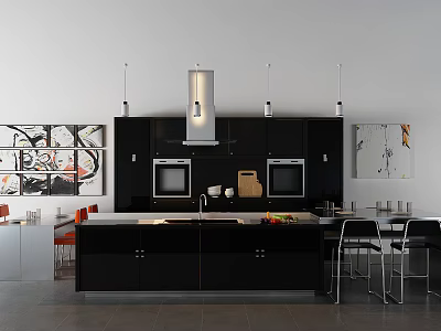 Modern Kitchen Interior With Black Cabinets Island Counter And Appliances 3d model