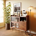 Wooden Entryway Side Cabinet With Glass Doors Drawers Coffee Machine And Potted Plant