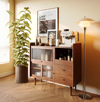 Wooden Entryway Side Cabinet With Glass Doors Drawers Coffee Machine And Potted Plant 3d model