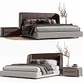 Modern Double Bed With Upholstered Headboard Bedside Table And Decorative Plant 3d model