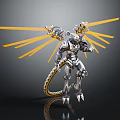 Silver Mechanical Dragon Character With Yellow Beam Wings And Golden Patterned Tail 3d model