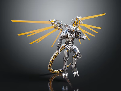 Silver Mechanical Dragon Character With Yellow Beam Wings And Golden Patterned Tail 3d model