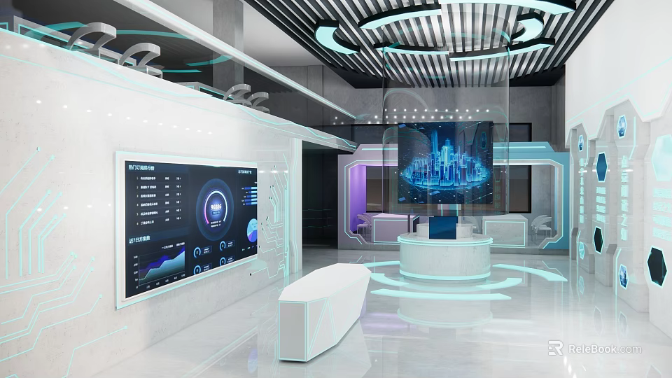Futuristic Hotel Lobby Interior With Digital Screens Circular Desk And Modern Lighting Design 3d model 
