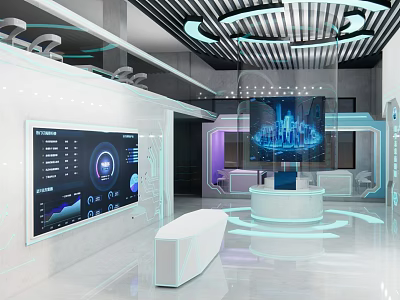 Futuristic Hotel Lobby Interior With Digital Screens Circular Desk And Modern Lighting Design 3d model