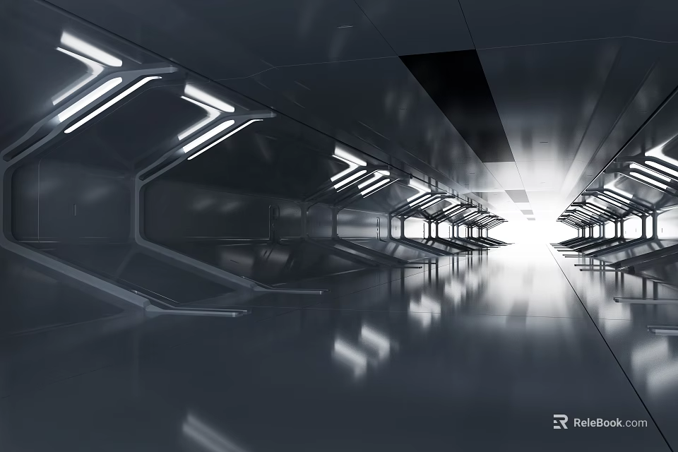 Modern Office Corridor Interior Design With Futuristic Linear Lighting And Metallic Reflective Floor 3d model 