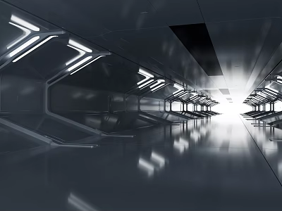 Modern Office Corridor Interior Design With Futuristic Linear Lighting And Metallic Reflective Floor 3d model