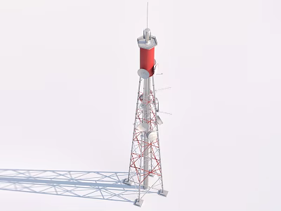 Industrial Communication Tower Equipment Featuring Red White Structure Antennas And Metal Brackets 3d model