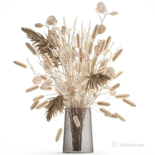 Natural Tones Metallic Vase With Dried Pampas Grass And Feathery Blooms Decorative Arrangement 3d model 