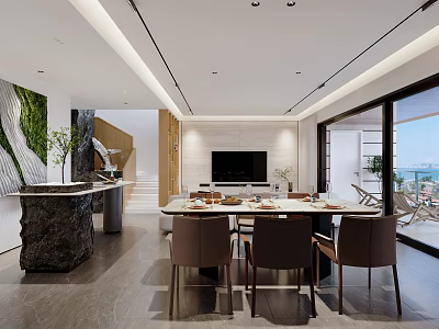 Modern Living and Dining Room Interior With Dining Table TV Chairs and Natural View Through Windows 3d model