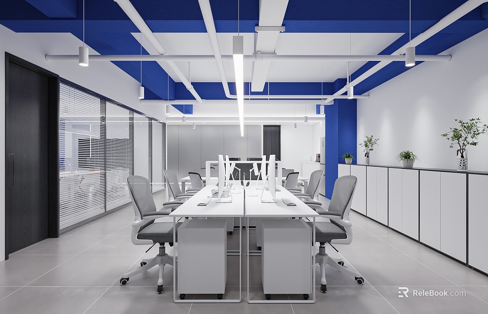 Modern Public Office Space Open Layout With Worktables Office Chairs Hanging Lights And Plants 3d model 