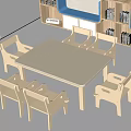 Kids White Table and Chair Set with Six Chairs and Wooden Bookshelves