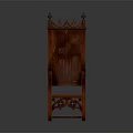 Gothic Style Red Wooden Chair With Carved Backrest And Ornate Armrests