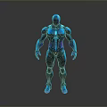 Game Movie Character In Futuristic Tech Armor With Blue Black Shiny Metallic Design