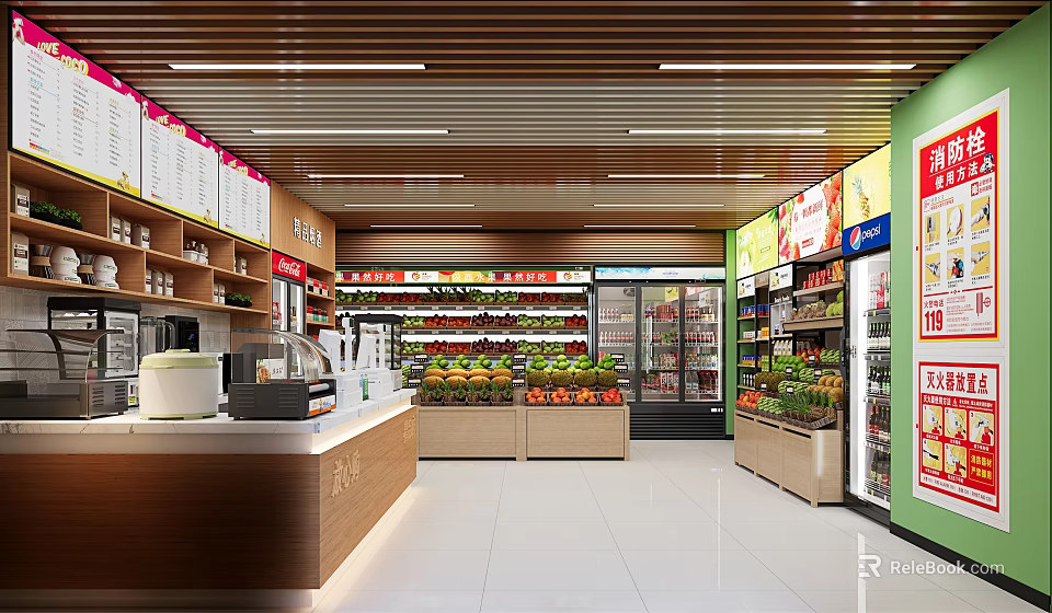 Modern Grocery Store Interior With Fresh Produce Shelves Refrigerators And Checkout Counter 3d model 
