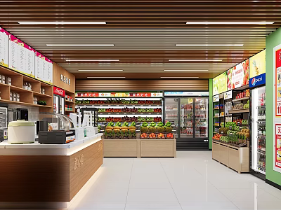 Modern Grocery Store Interior With Fresh Produce Shelves Refrigerators And Checkout Counter 3d model