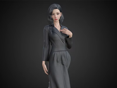 Elegant Woman in Dark Gray Tailored Dress with Dark Hair Against Black Background 3d model